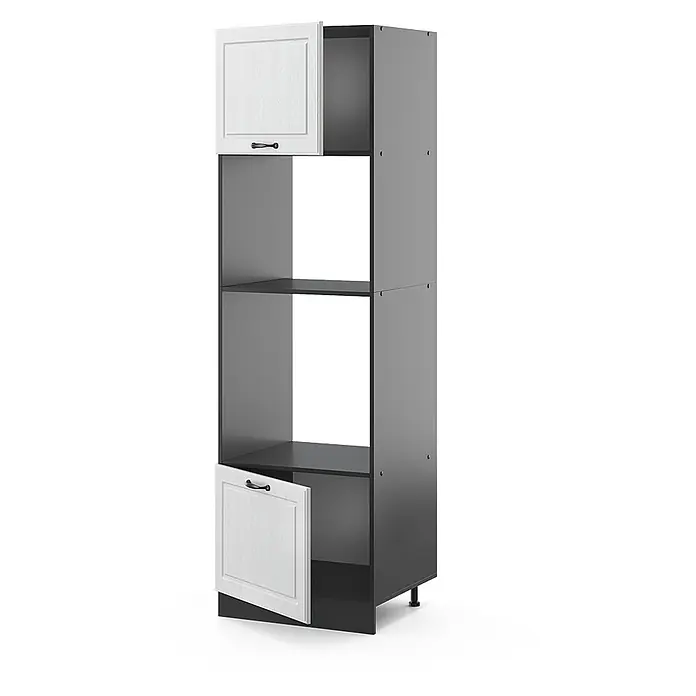Vicco Schrankküche R-Line Weiß Landhaus - Weiß Landhaus, Mikrowellenumbauschrank 60 cm - Hoher dunkelgrauer Schrank mit offenen Fächern und zwei teilweise geöffneten, weißen Strukturtüren mit schwarzen Griffen.