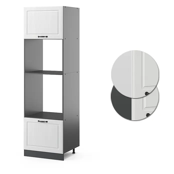 Vicco Schrankküche R-Line Weiß Landhaus - Weiß Landhaus, Mikrowellenumbauschrank 60 cm - Hoher Küchenschrank mit weißen Holzmaserungstüren und dunkelgrauem Rahmen für Einbaugeräte.