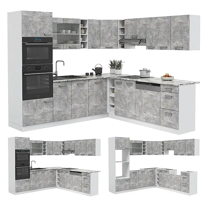 Vicco Eckküche R-Line Beton/Weiß, AP Anthrazit - B x T: 247 x 60 cm, Beton, Ohne Elektrogeräte - Moderne L-förmige Küche mit grauen Steindekorfronten und weißen Rahmen, inklusive integrierter Öfen, Spüle, Kochfeld und Geschirrspüler.