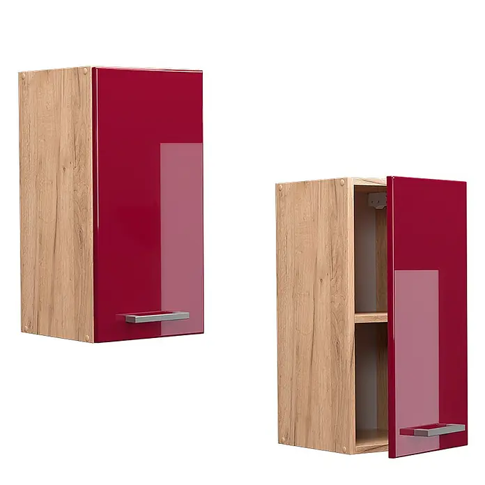 Vicco Schrankküche R-Line Rot Hochglanz - Breite: 30 cm, Rot Hochglanz, Hängeschrank 30 cm - Zwei Hängeschränke mit hellem Holzkorpus und hochglänzenden roten Türen. Einer ist geöffnet und zeigt ein Innenregal.