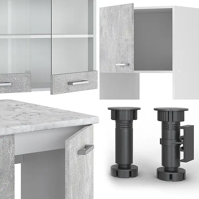 Vicco Eckküche R-Line Beton/Weiß, AP Anthrazit - B x T: 247 x 60 cm, Beton, Ohne Elektrogeräte - Küchenschrankteile in Hellgrau mit Betonoptik, inklusive Hängeschränken, Unterschrank mit Arbeitsplatte und verstellbaren dunklen Kunststofffüßen.
