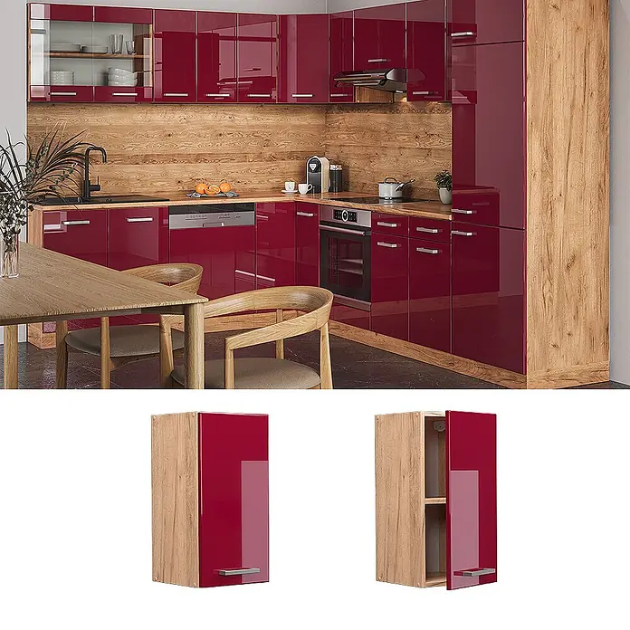 Vicco Schrankküche R-Line Rot Hochglanz - Breite: 30 cm, Rot Hochglanz, Hängeschrank 30 cm - Moderne Küche mit glänzenden roten Schränken, Holzarbeitsplatten und Hochschrank, integrierten Geräten und viel Stauraum.