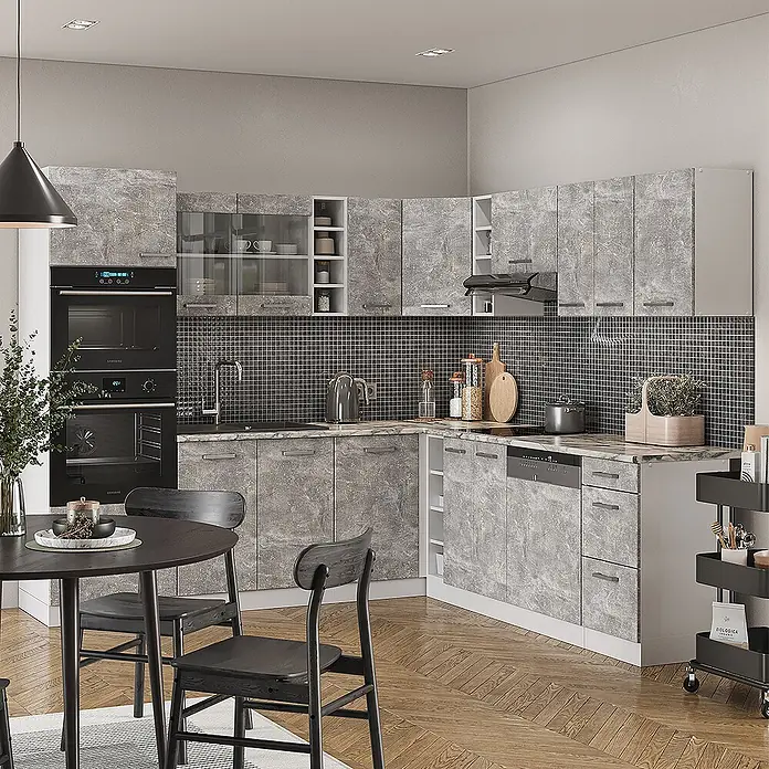 Vicco Eckküche R-Line Beton/Weiß, AP Anthrazit - B x T: 247 x 60 cm, Beton, Ohne Elektrogeräte - Moderne graue Küche mit Marmoreffekt-Schränken und integrierten Geräten in einer Eckkonfiguration.