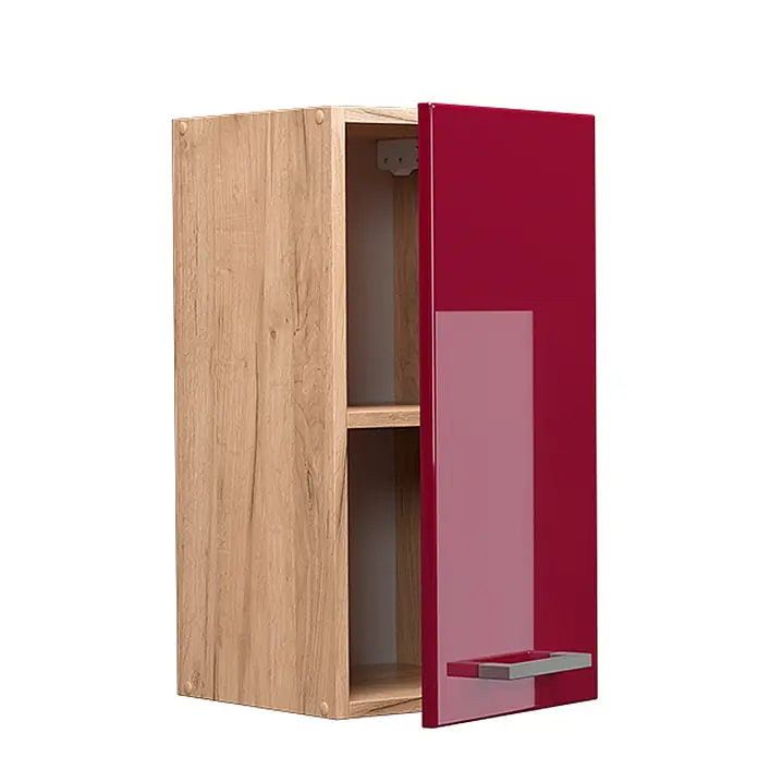 Vicco Schrankküche R-Line Rot Hochglanz - Breite: 30 cm, Rot Hochglanz, Hängeschrank 30 cm - Wandhängeschrank in heller Holzoptik mit teilweise offener, hochglänzender dunkelroter Tür und Ablage.