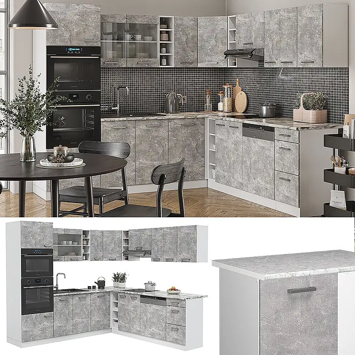 Vicco Eckküche R-Line Beton/Weiß, AP Anthrazit - B x T: 247 x 60 cm, Beton, Ohne Elektrogeräte - L-förmige Küche mit grauen, marmorierten Schränken, weißen Rahmen, passender Arbeitsplatte und integrierten Geräten.
