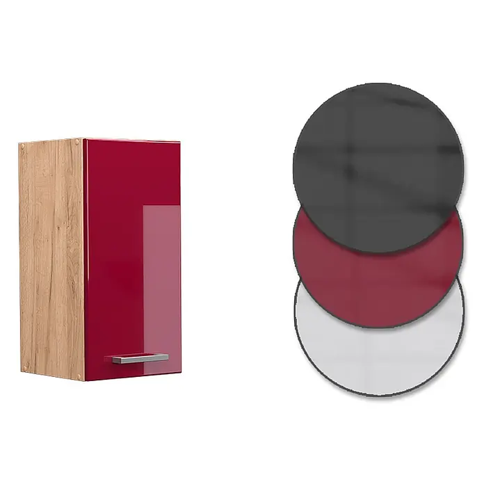 Vicco Schrankküche R-Line Rot Hochglanz - Breite: 30 cm, Rot Hochglanz, Hängeschrank 30 cm - Wandhängeschrank in Rot und Holzoptik mit silbernem Griff, gezeigt mit Optionen in Dunkelgrau, Bordeaux und Hellgrau.