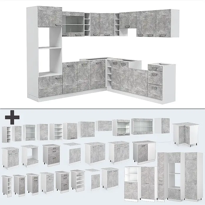 Vicco Eckküche R-Line Beton/Weiß, AP Anthrazit - B x T: 247 x 60 cm, Beton, Ohne Elektrogeräte - Modulare Küchenmöbel in hellem Grau-Marmoroptik und Weiß, mit L-förmiger Anordnung und Einzelmodulen.