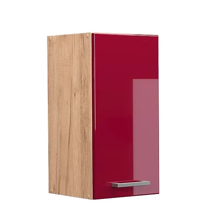 Vicco Schrankküche R-Line Rot Hochglanz - Breite: 30 cm, Rot Hochglanz, Hängeschrank 30 cm - Wandschrank mit heller Holzmaserung und glänzender roter Tür mit silbernem Griff.