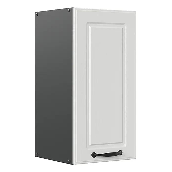 Vicco Schrankküche R-Line Weiß Landhaus - Weiß Landhaus, Hängeschrank 30 cm - Weißer Küchenhängeschrank mit Kassettentür, dunkelgrauen Seiten und schwarzem Griff.