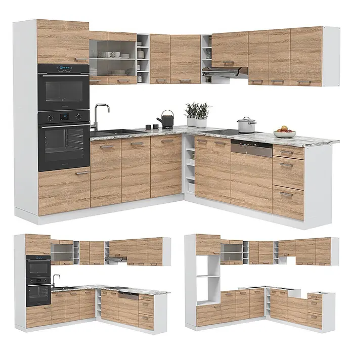 Vicco Eckküche R-Line Sonoma/Weiß, AP Eiche - B x T: 247 x 60 cm, Sonoma, Ohne Elektrogeräte - Moderne L-förmige Küche mit hellen Holzmaserungsfronten, weißen Rahmen und integrierten Geräten.