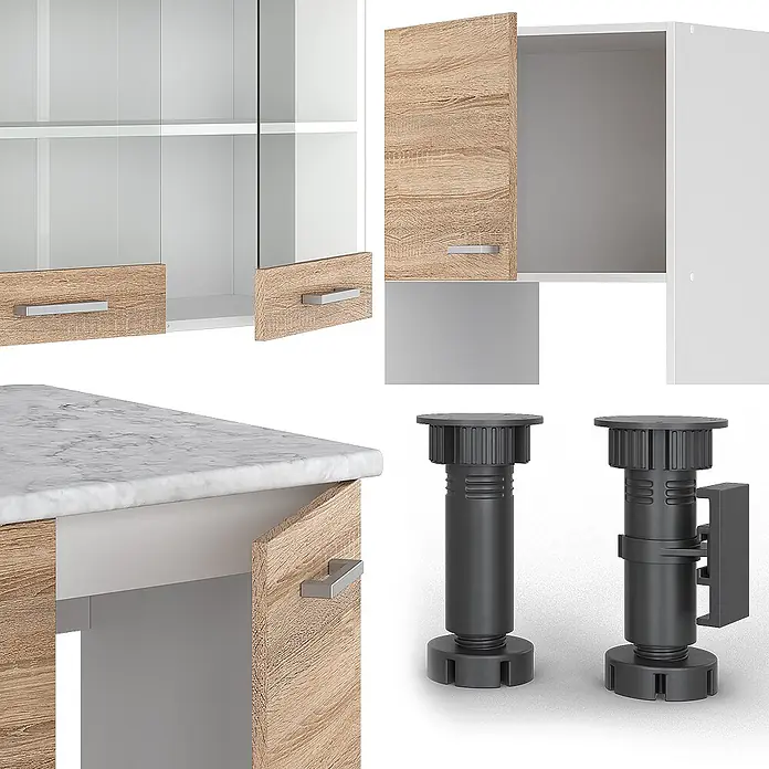 Vicco Eckküche R-Line Sonoma/Weiß, AP Eiche - B x T: 247 x 60 cm, Sonoma, Ohne Elektrogeräte - Modulare Küchenschrankkomponenten: weiße Rahmen, helle Holzfronten, Marmorplatte, silberne Griffe und zwei dunkelgraue verstellbare Möbelfüße.