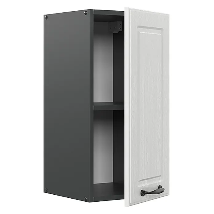 Vicco Schrankküche R-Line Weiß Landhaus - Weiß Landhaus, Hängeschrank 30 cm - Dunkelgrauer Wandschrank mit offener weißer Tür, Holzmaserung und einem Einlegeboden.
