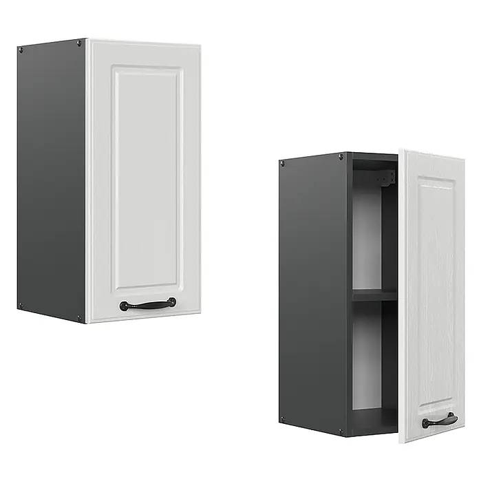 Vicco Schrankküche R-Line Weiß Landhaus - Weiß Landhaus, Hängeschrank 30 cm - Zwei Küchenhängeschränke: dunkelgrauer Korpus, weiße strukturierte Rahmentür mit schwarzem Griff. Einer offen, mit Einlegeboden.