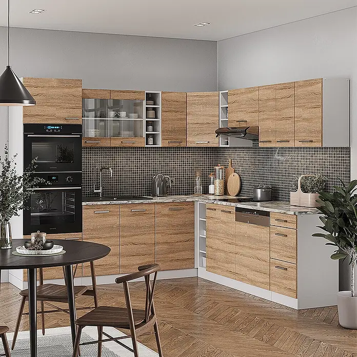 Vicco Eckküche R-Line Sonoma/Weiß, AP Eiche - B x T: 247 x 60 cm, Sonoma, Ohne Elektrogeräte - Moderne L-förmige Küche mit Holzoptik-Schränken, Marmor-Arbeitsplatten, integrierten Öfen und Geschirrspüler.