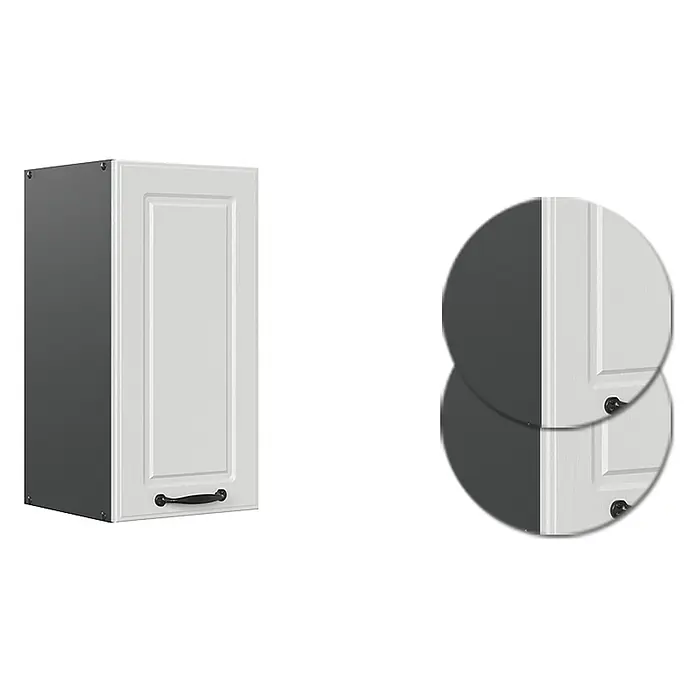 Vicco Schrankküche R-Line Weiß Landhaus - Weiß Landhaus, Hängeschrank 30 cm - Weißer vertäfelter Küchenhängeschrank mit dunkelgrauer Seite und schwarzem Griff.