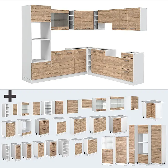Vicco Eckküche R-Line Sonoma/Weiß, AP Eiche - B x T: 247 x 60 cm, Sonoma, Ohne Elektrogeräte - Modulares Küchenschrank-Set in Weiß und hellem Holz, mit verschiedenen Unter- und Oberschränken.