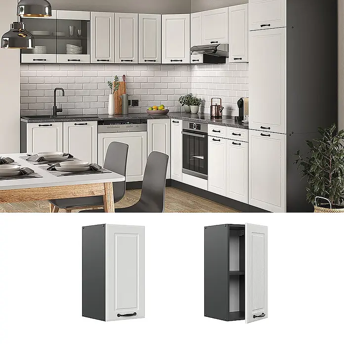 Vicco Schrankküche R-Line Weiß Landhaus - Weiß Landhaus, Hängeschrank 30 cm - Weiße Küchenschränke mit dunkelgrauen Seitenwänden und schwarzen Griffen in moderner Küche. Detaillierte Ansicht eines offenen Oberschranks mit Regalen.