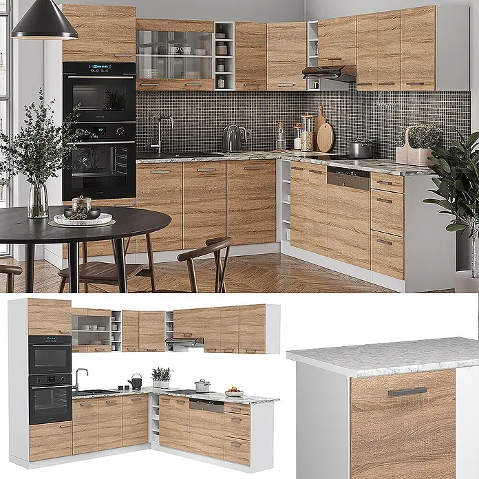 Vicco Eckküche R-Line Sonoma/Weiß, AP Eiche - B x T: 247 x 60 cm, Sonoma, Ohne Elektrogeräte - Moderne L-förmige Küchenzeile mit hellen Holz-Optik-Schränken, weißen Rahmen und Marmor-Arbeitsplatten, inklusive integrierter Geräte und Oberschränke.