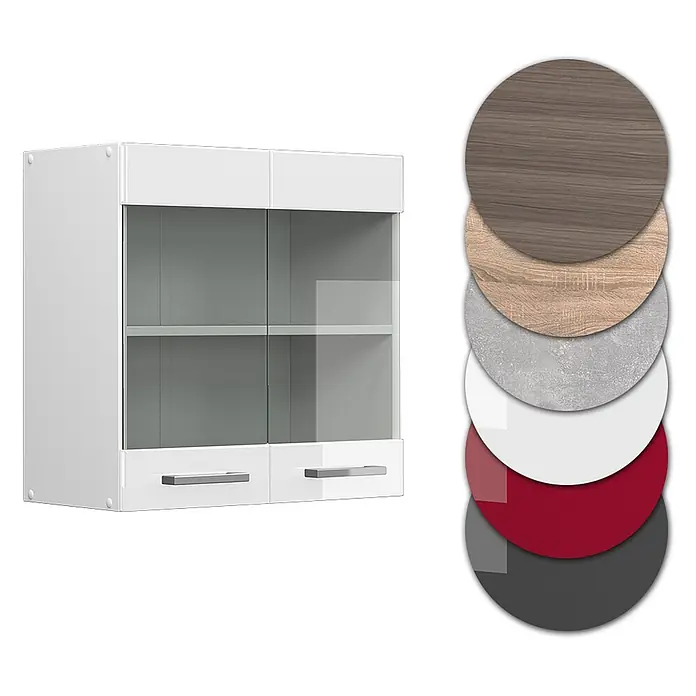 Vicco Schrankküche R-Line Weiß Hochglanz - Weiß Hochglanz, Hängeglasschrank 60 cm - Weißer Wandschrank mit Glastüren und zwei Schubladen, gezeigt mit Materialmustern in verschiedenen Ausführungen.