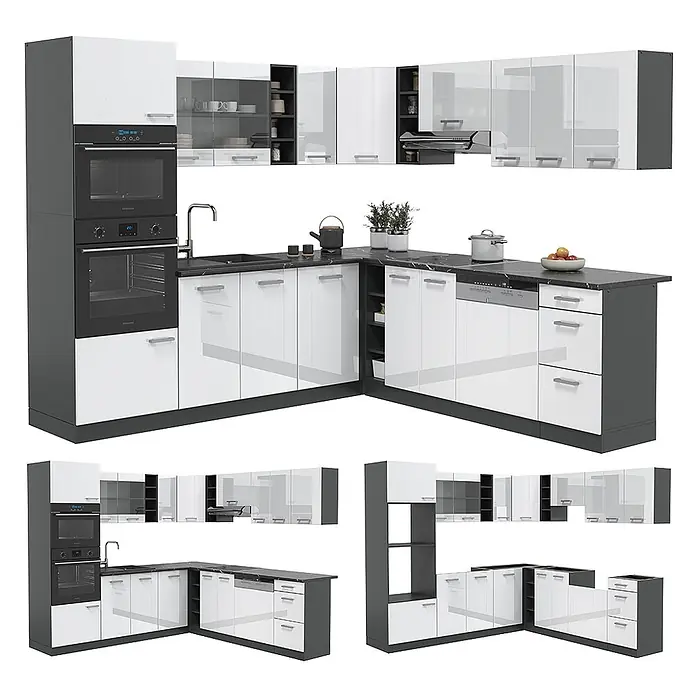 Vicco Eckküche R-Line Weiß Hochglanz/Anthrazit, AP Eiche - B x T: 247 x 60 cm, Weiß Hochglanz, Ohne Elektrogeräte - L-förmige Einbauküche in Hochglanzweiß mit dunkelgrauen Elementen, integrierten Backöfen, Spüle und Geschirrspüler.