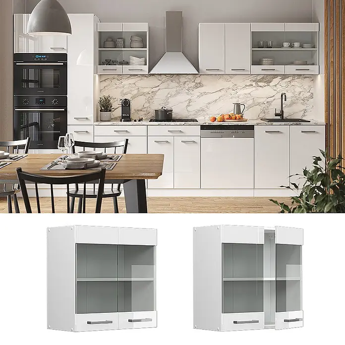 Vicco Schrankküche R-Line Weiß Hochglanz - Weiß Hochglanz, Hängeglasschrank 60 cm - Weißer Hochglanz-Wandschrank mit Glastüren und zwei Schubladen.