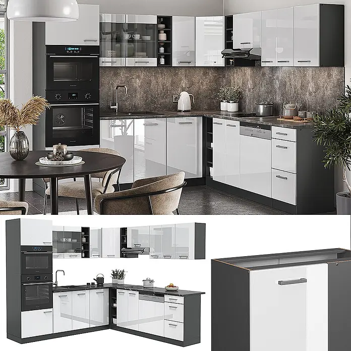 Vicco Eckküche R-Line Weiß Hochglanz/Anthrazit, AP Eiche - B x T: 247 x 60 cm, Weiß Hochglanz, Ohne Elektrogeräte - Moderne L-förmige Küche mit weißen Hochglanzfronten und dunkelgrauen Elementen, inklusive integrierter Geräte.