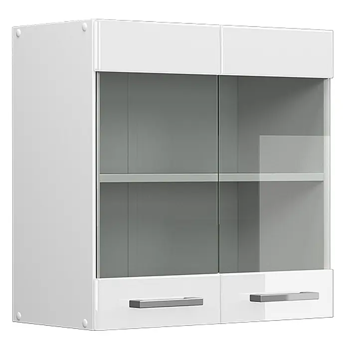 Vicco Schrankküche R-Line Weiß Hochglanz - Weiß Hochglanz, Hängeglasschrank 60 cm - Weißer Wandschrank mit zwei Glastüren, einem Einlegeboden und zwei unteren Schubladen mit silbernen Griffen.