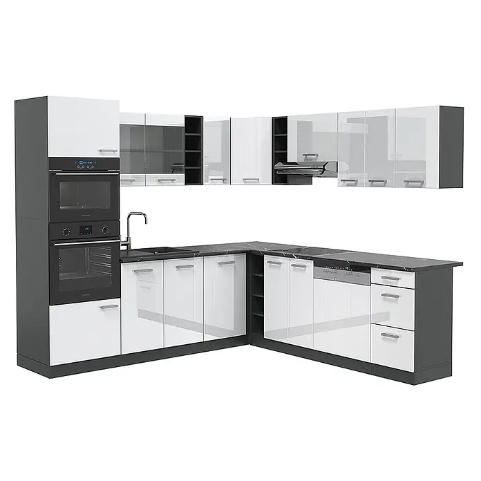 Vicco Eckküche R-Line Weiß Hochglanz/Anthrazit, AP Anthrazit - B x T: 247 x 60 cm, Weiß Hochglanz, Ohne Elektrogeräte - L-förmige Küche mit weißen Hochglanzschränken, schwarzer Arbeitsplatte, integrierten Öfen, Spüle, Induktionskochfeld und Geschirrspüler.