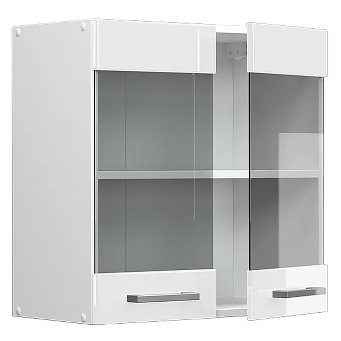 Vicco Schrankküche R-Line Weiß Hochglanz - Weiß Hochglanz, Hängeglasschrank 60 cm - Weißer Hängeschrank mit zwei Glastüren, Einlegeboden und zwei Schubladen mit Metallgriffen. Für Küche oder Wohnbereich.