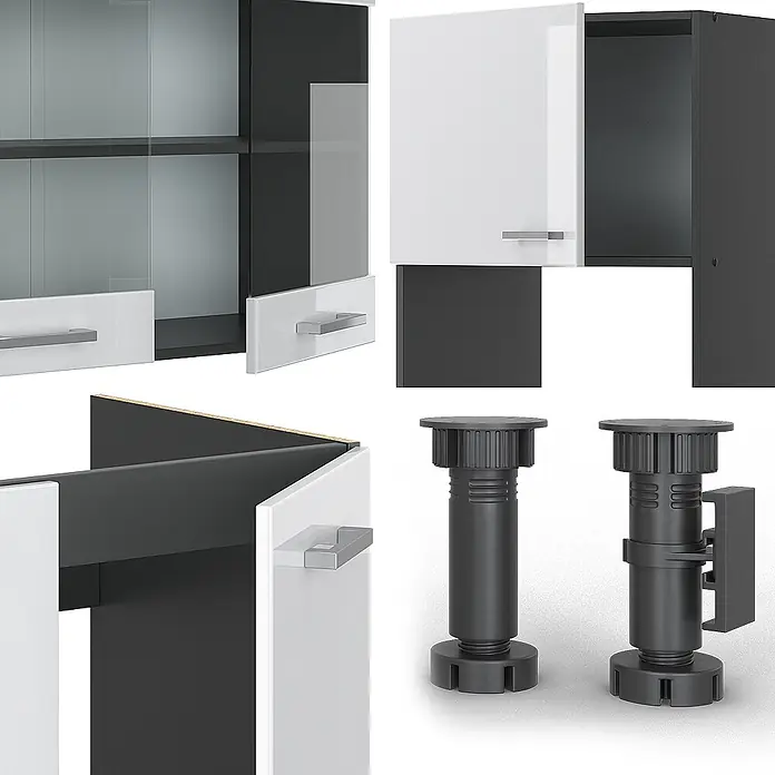 Vicco Eckküche R-Line Weiß Hochglanz/Anthrazit, AP Eiche - B x T: 247 x 60 cm, Weiß Hochglanz, Ohne Elektrogeräte - Modulare Möbelteile: schwarz-weiße Schranktüren, ein Eckschrank und zwei verstellbare schwarze Möbelfüße.