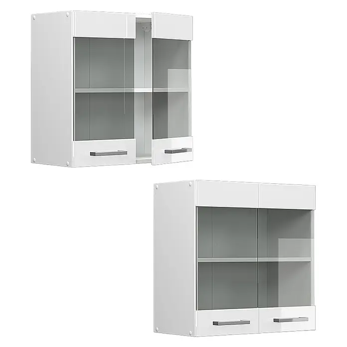 Vicco Schrankküche R-Line Weiß Hochglanz - Weiß Hochglanz, Hängeglasschrank 60 cm - Zwei weiße Wandschränke mit Glastüren und Metallgriffen, einer offen, einer geschlossen.