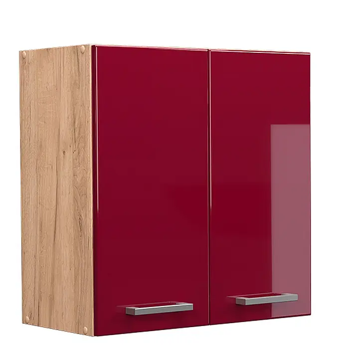 Vicco Schrankküche R-Line Rot Hochglanz - Breite: 60 cm, Rot Hochglanz, Hängeschrank 60 cm - Wandschrank mit heller Holzseitenwand und zwei hochglanzroten Türen mit silbernen Griffen.
