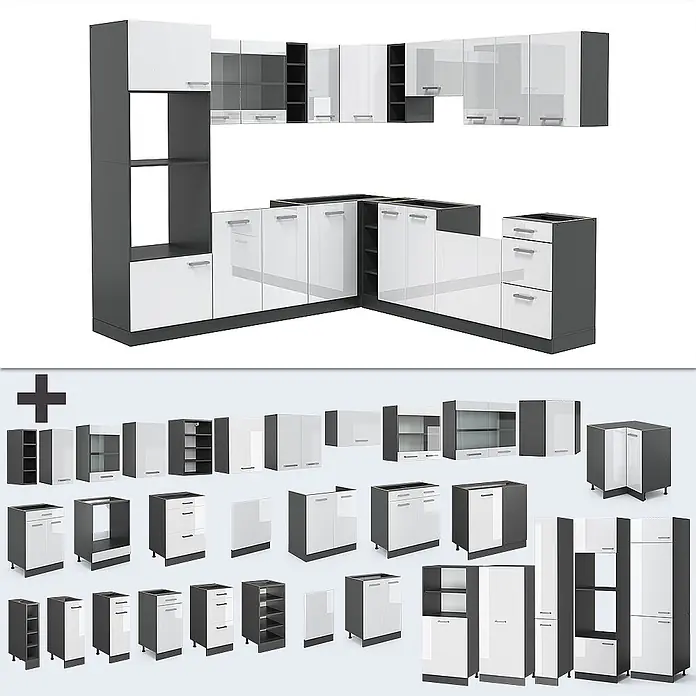 Vicco Eckküche R-Line Weiß Hochglanz/Anthrazit, AP Eiche - B x T: 247 x 60 cm, Weiß Hochglanz, Ohne Elektrogeräte - Modulare Küchenzeile in Dunkelgrau und Weiß mit Glaselementen, montiert und als Einzelteile dargestellt.