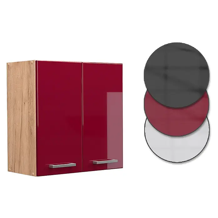 Vicco Schrankküche R-Line Rot Hochglanz - Breite: 60 cm, Rot Hochglanz, Hängeschrank 60 cm - Zweitüriger Küchenoberschrank mit Holzmaserung an der Seite, hochglanzroten Türen, silbernen Griffen und Farbmuster (Dunkelgrau, Rot, Weiß).