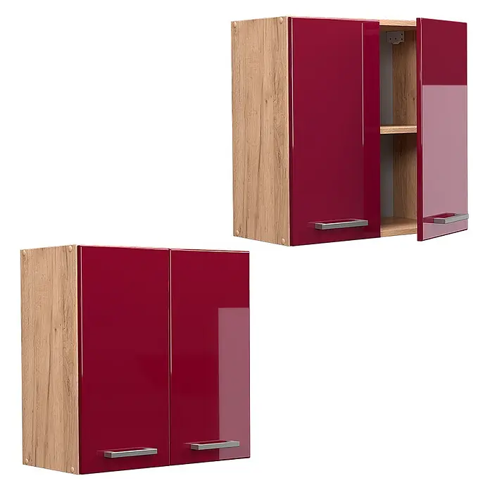 Vicco Schrankküche R-Line Rot Hochglanz - Breite: 60 cm, Rot Hochglanz, Hängeschrank 60 cm - Zwei Küchenoberschränke mit Holzoptikrahmen und glänzenden roten Türen. Ein Schrank ist geschlossen, der andere offen mit Regalböden.
