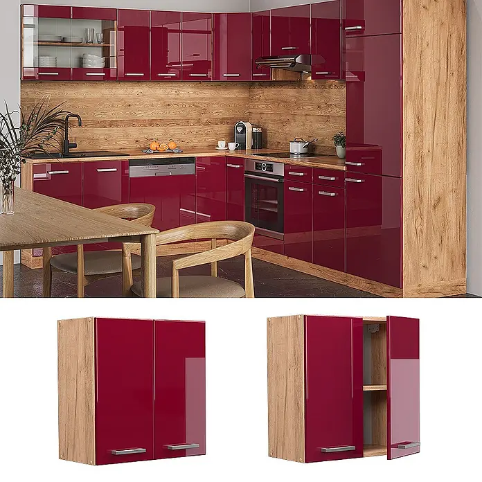 Vicco Schrankküche R-Line Rot Hochglanz - Breite: 60 cm, Rot Hochglanz, Hängeschrank 60 cm - Moderne Küchenschränke mit hochglanzroten Fronten und hellen Holzmaserungsakzenten, als vollständige Küche und einzelne Module gezeigt.