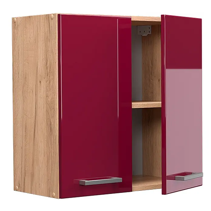 Vicco Schrankküche R-Line Rot Hochglanz - Breite: 60 cm, Rot Hochglanz, Hängeschrank 60 cm - Zweitüriger Küchenoberschrank mit glänzenden dunkelroten Türen, holzfarbenen Seiten und Fachboden. Eine Tür ist leicht geöffnet.