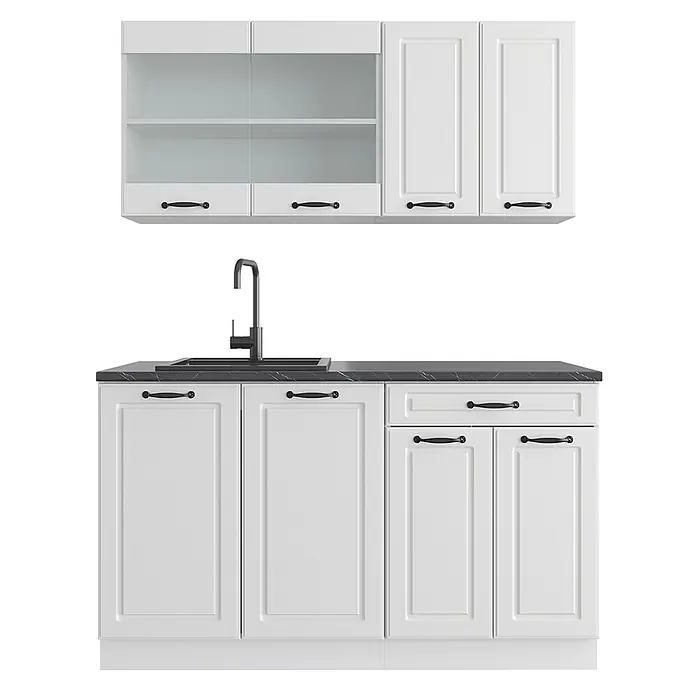 Vicco Singleküche R-Line Weiß Landhaus/Weiß ohne Arbeitsplatte - Breite: 140 cm, Weiß Landhaus, Ohne AP - Weißes Küchenschrank-Set mit schwarzen Griffen, dunkler Arbeitsplatte, Spüle und Wasserhahn.