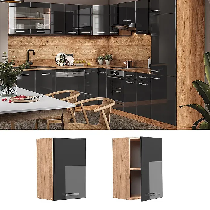Vicco Schrankküche R-Line Anthrazit Hochglanz - Breite: 40 cm, Anthrazit Hochglanz, Hängeschrank 40 cm - Glänzender dunkelgrauer Küchenwandschrank mit hellen Holzseiten und Innenraum, offen und geschlossen in einer Küche gezeigt.