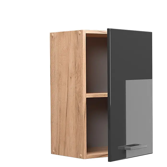 Vicco Schrankküche R-Line Anthrazit Hochglanz - Breite: 40 cm, Anthrazit Hochglanz, Hängeschrank 40 cm - Holzschrank in heller Eichenoptik mit dunkelgrauer Hochglanztür leicht geöffnet, zwei Fächer zeigend.