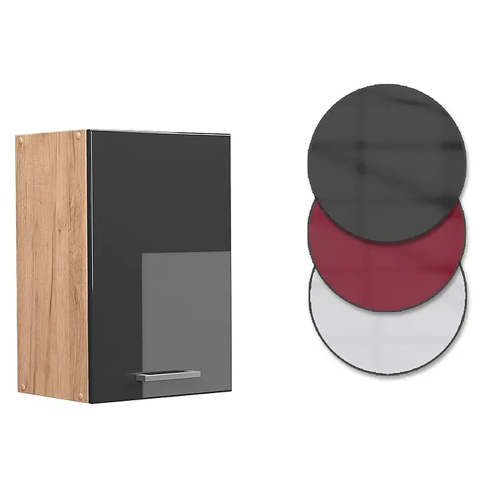 Vicco Schrankküche R-Line Anthrazit Hochglanz - Breite: 40 cm, Anthrazit Hochglanz, Hängeschrank 40 cm - Glänzender dunkelgrauer Küchenoberschrank mit Holzdekor-Seitenplatte, zeigt verfügbare Farboptionen.