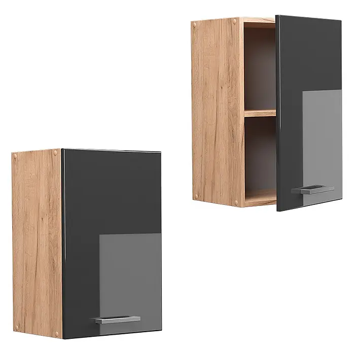 Vicco Schrankküche R-Line Anthrazit Hochglanz - Breite: 40 cm, Anthrazit Hochglanz, Hängeschrank 40 cm - Zwei Hängeschränke mit heller Holzmaserung und dunkelgrauen Hochglanztüren; einer offen mit Regalen, einer geschlossen.
