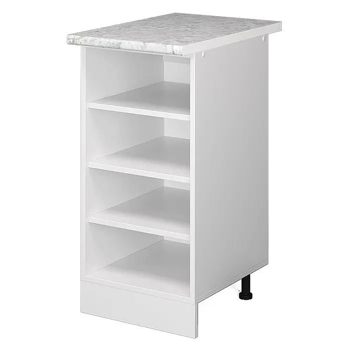 Vicco Schrankküche R-Line Weiß, AP Marmor - Weiß, Regalunterschrank 40 cm, AP Marmor - Weißer Hochschrank mit Marmorplatte und offenen Regalen.