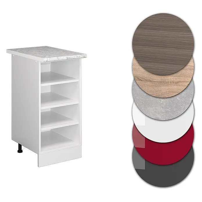 Vicco Schrankküche R-Line Weiß, AP Marmor - Weiß, Regalunterschrank 40 cm, AP Marmor - Weißer Küchenunterschrank mit offenen Fächern und marmorierter Arbeitsplatte. Materialmuster sind gezeigt.