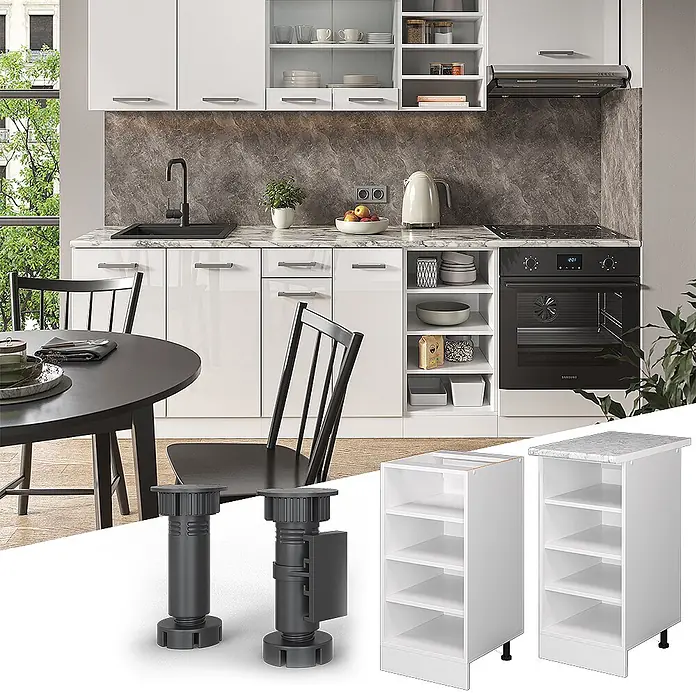 Vicco Schrankküche R-Line Weiß ohne Arbeitsplatte - Weiß, Regalunterschrank 40 cm - Verstellbare schwarze Möbelfüße und weiße offene Küchenunterschränke, einer mit Marmor-Arbeitsplatte.