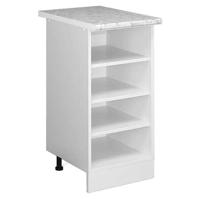 Vicco Schrankküche R-Line Weiß, AP Marmor - Weiß, Regalunterschrank 40 cm, AP Marmor - Weißer Küchenunterschrank mit Marmor-Arbeitsplatte, offenen Fächern und verstellbaren Füßen.
