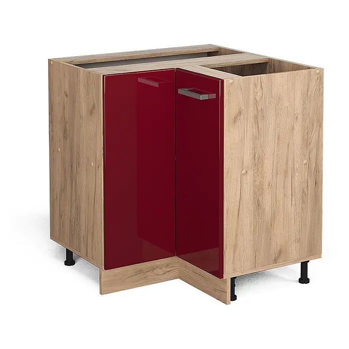 Vicco Schrankküche R-Line Rot Hochglanz ohne Arbeitsplatte - Breite: 75,6 cm, Rot Hochglanz, Eckunterschrank - Eck-Küchenunterschrank mit hellen Holzseiten und zwei glänzenden roten Türen.