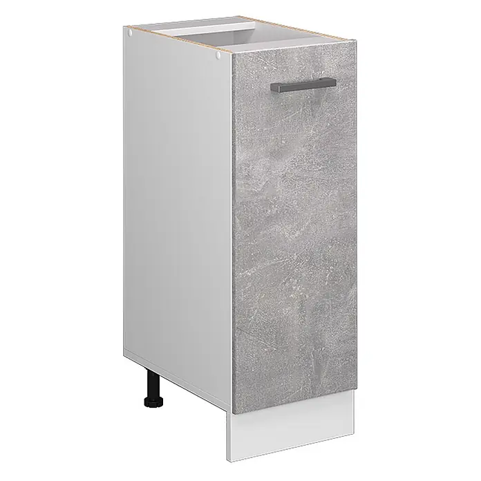 Vicco Schrankküche R-Line Beton ohne Arbeitsplatte - Beton, Apothekerunterschrank 30 cm - Schmaler weißer Küchenunterschrank mit grauer Betonoptikfront und dunklem Griff.