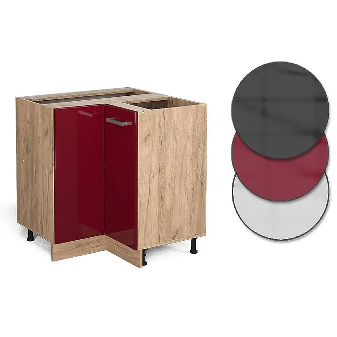 Vicco Schrankküche R-Line Rot Hochglanz ohne Arbeitsplatte - Breite: 75,6 cm, Rot Hochglanz, Eckunterschrank - Eckunterschrank für die Küche mit heller Holzoptik und glänzenden roten Türen. Farboptionen: Dunkelgrau, Rot, Weiß.
