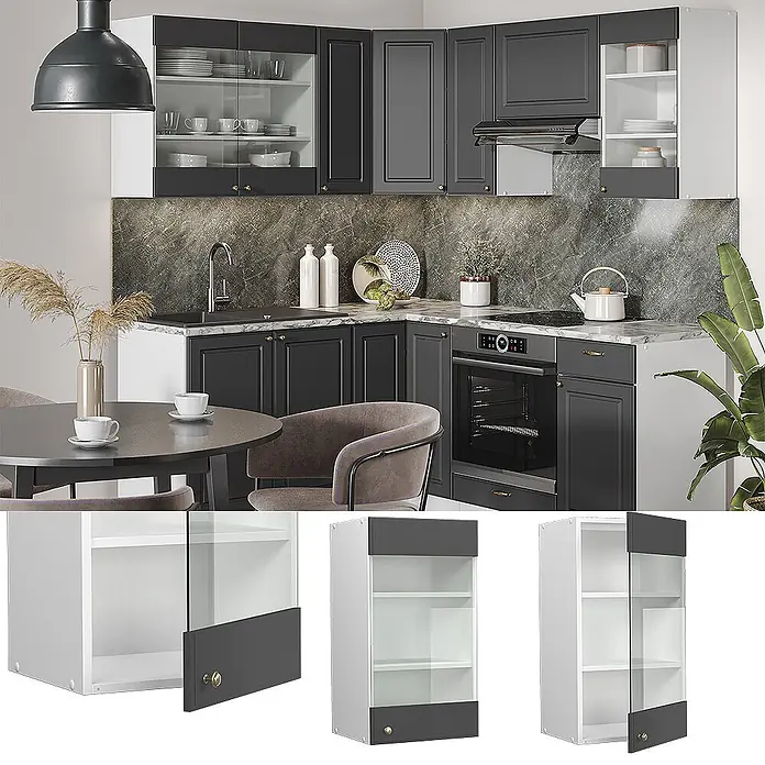 Vicco Schrankküche Fame-Line Anthrazit-Gold - Anthrazit-Gold Landhaus, Hängeglasschrank 40 cm - Moderne L-förmige Küche mit dunkelgrauen und weißen Modulschränken, Glastüren und Messinggriffen, inklusive Marmor-Rückwand.